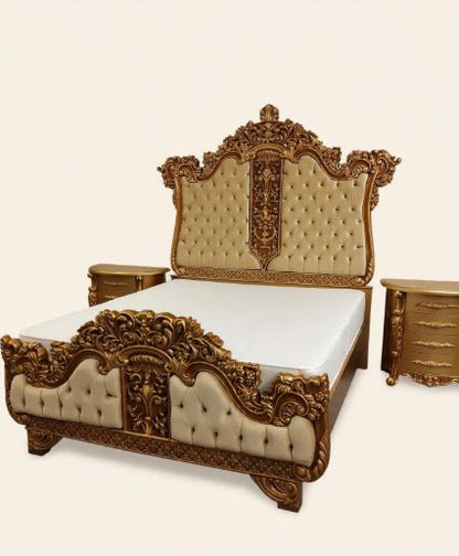 Cream Beige Diamond Tufting With Golden Floral Crown Carving Bed Set With 2 Side Tables