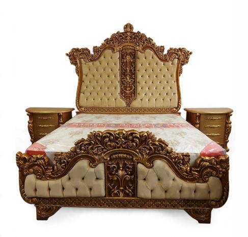 Cream Beige Diamond Tufting With Golden Floral Crown Carving Bed Set With 2 Side Tables