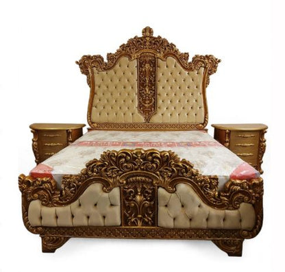 Cream Beige Diamond Tufting With Golden Floral Crown Carving Bed Set With 2 Side Tables