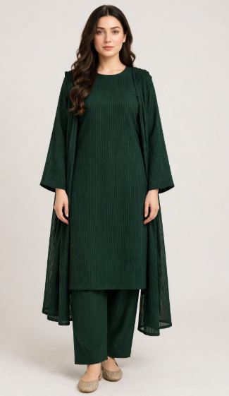 Premium Pleated  Bottle Green Georgette 3 pc Unstitched suit