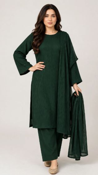 Premium Pleated  Bottle Green Georgette 3 pc Unstitched suit