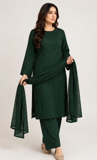 Premium Pleated  Bottle Green Georgette 3 pc Unstitched suit
