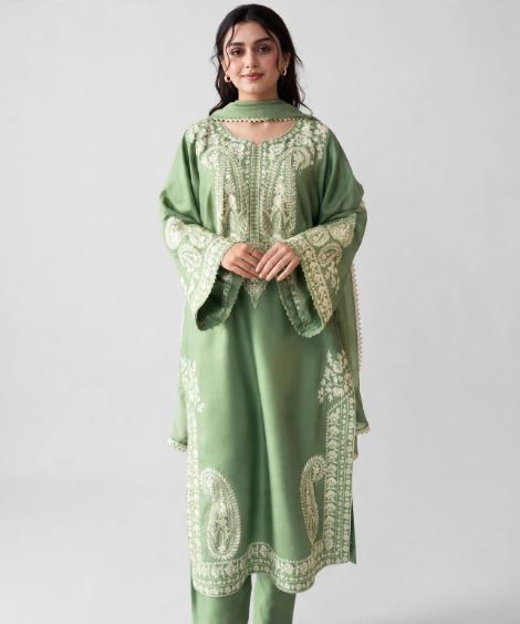Sage Pista Green Embroidered Dhanak Unstitched suit 3 pc
