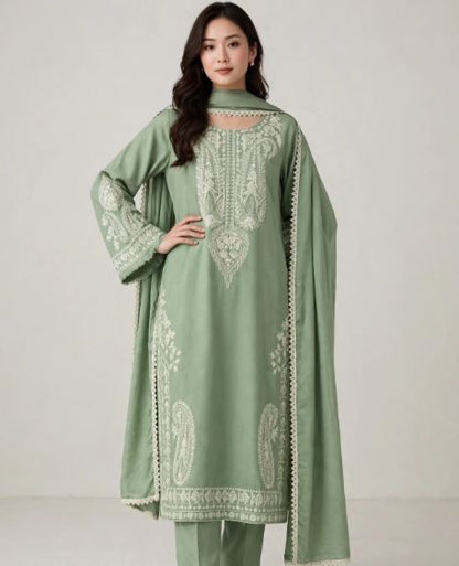 Sage Pista Green Embroidered Dhanak Unstitched suit 3 pc