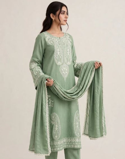Sage Pista Green Embroidered Dhanak Unstitched suit 3 pc