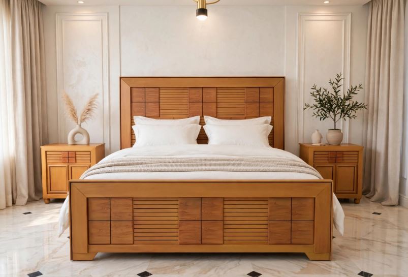 Honey Orange Wood With Square Blocks- Horizontal Slat Pattern Bed Frame With 2 Side Tables
