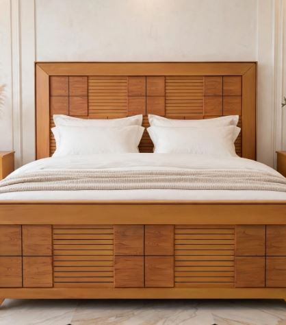 Honey Orange Wood With Square Blocks- Horizontal Slat Pattern Bed Frame With 2 Side Tables