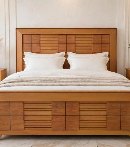 Honey Orange Wood With Square Blocks- Horizontal Slat Pattern Bed Frame With 2 Side Tables