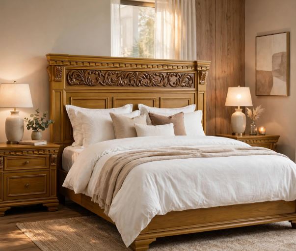 Golden Yellow Polish With Floral Carving Strip Bed Set With 2 side Tables