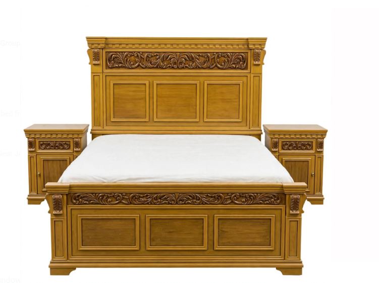 Golden Yellow Polish With Floral Carving Strip Bed Set With 2 side Tables