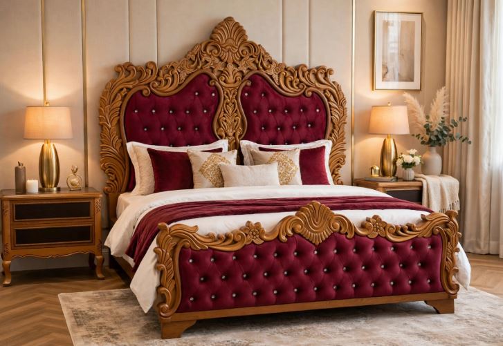 Maroon Royal Tufted Velvet With Tall Crown Diamond Crystals Bed Set With 2 Side Tables