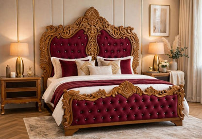 Maroon Royal Tufted Velvet With Tall Crown Diamond Crystals Bed Set With 2 Side Tables
