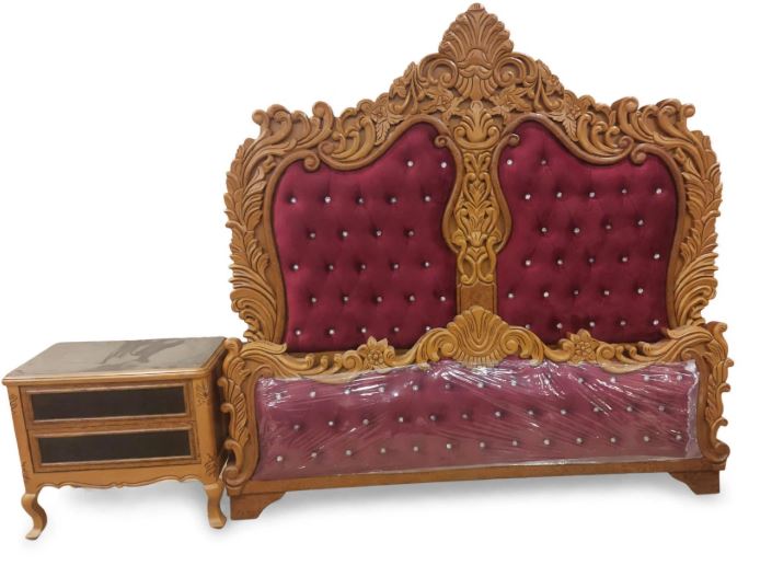 Maroon Royal Tufted Velvet With Tall Crown Diamond Crystals Bed Set With 2 Side Tables