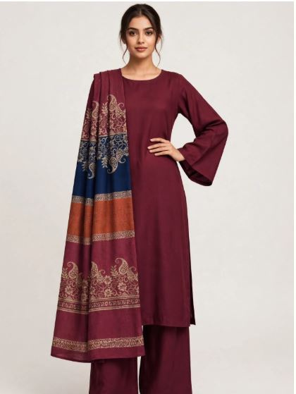 Maroon Marina Plain Shirt And Trouser With Floral Print Shawl Unstitched 3 pc suit