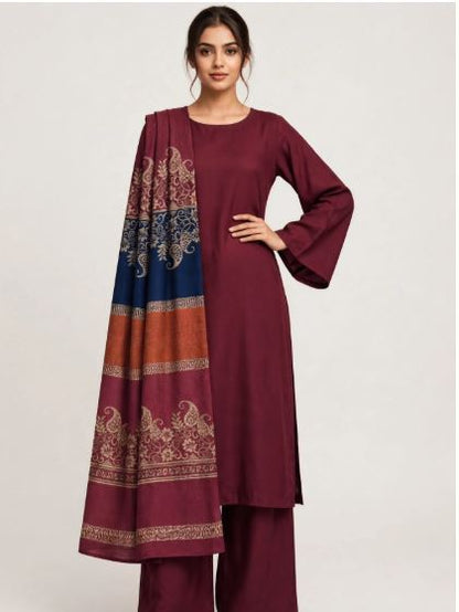 Maroon Marina Plain Shirt And Trouser With Floral Print Shawl Unstitched 3 pc suit