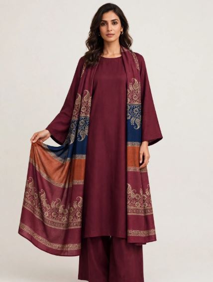 Maroon Marina Plain Shirt And Trouser With Floral Print Shawl Unstitched 3 pc suit