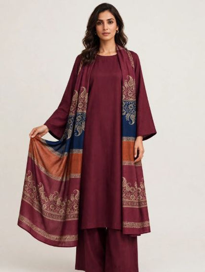 Maroon Marina Plain Shirt And Trouser With Floral Print Shawl Unstitched 3 pc suit