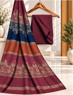 Maroon Marina Plain Shirt And Trouser With Floral Print Shawl Unstitched 3 pc suit