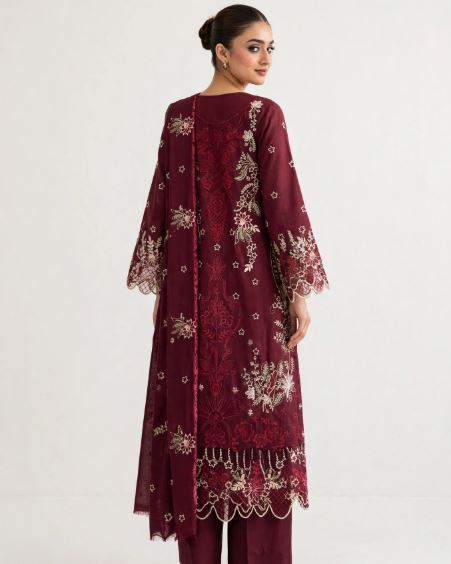 Maroon Embroidered Dhanak Unstitched 3 pc Suit