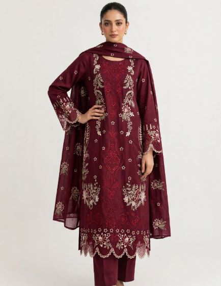 Maroon Embroidered Dhanak Unstitched 3 pc Suit