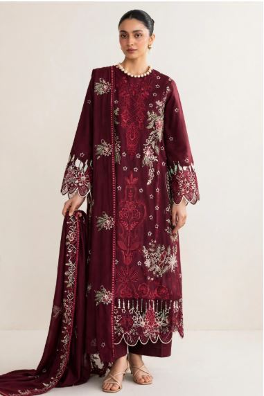 Maroon Embroidered Dhanak Unstitched 3 pc Suit