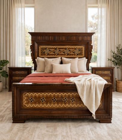 Dark Walnut Polish 4 star Inlay Side Carving Border Bed Set With 2 Side Tables