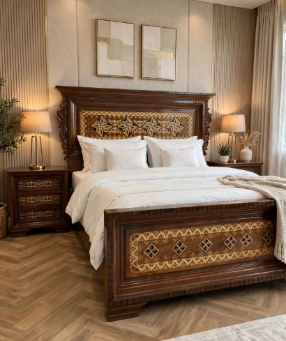 Dark Walnut Polish 4 star Inlay Side Carving Border Bed Set With 2 Side Tables