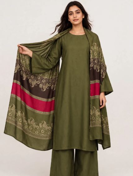 Olive Green Marina Plain Shirt Trouser With Floral Print Shawl Unstitched 3 pc suit