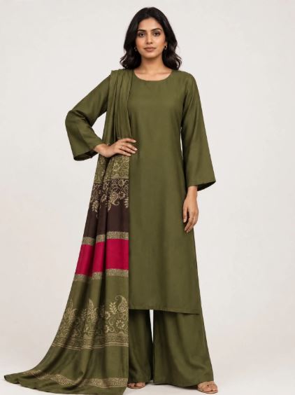 Olive Green Marina Plain Shirt Trouser With Floral Print Shawl Unstitched 3 pc suit