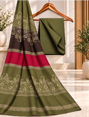Olive Green Marina Plain Shirt Trouser With Floral Print Shawl Unstitched 3 pc suit