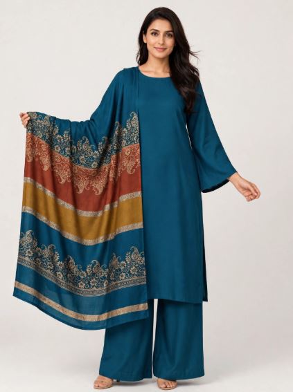 Teal Zinc Marina Plain Trouser And Shirt With Printed Floral Shawl Unstitched 3pc Suit