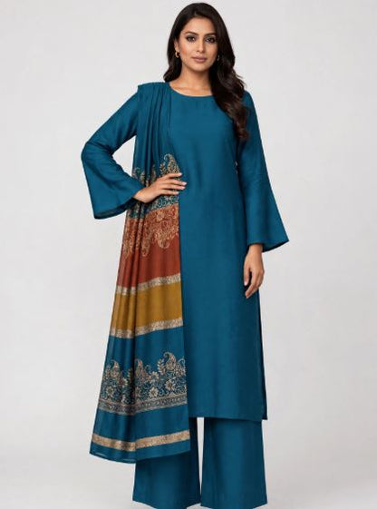 Teal Zinc Marina Plain Trouser And Shirt With Printed Floral Shawl Unstitched 3pc Suit