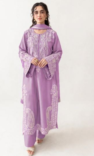 Lavender Purple Dhanak With Creamy Paisely Embroidered Unstitched 3Pc With Shawl