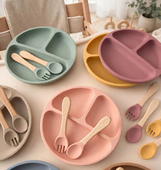 Baby Silicon Divided Plates With Wooden Spoon And Fork