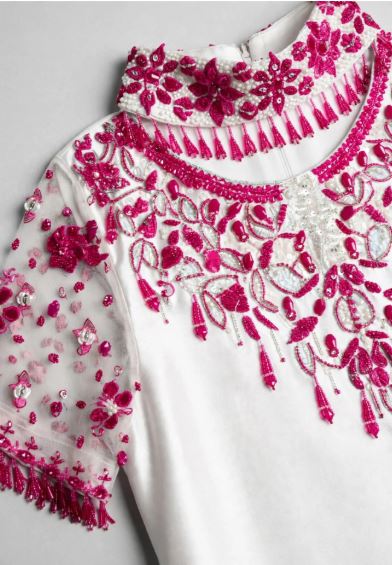 White Silver Satin With Pink Embroidered Neck Sheer Organza Sleeves Unstitched 3 Pc Suit