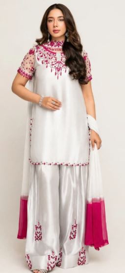 White Silver Satin With Pink Embroidered Neck Sheer Organza Sleeves Unstitched 3 Pc Suit
