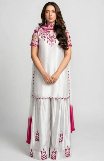 White Silver Satin With Pink Embroidered Neck Sheer Organza Sleeves Unstitched 3 Pc Suit