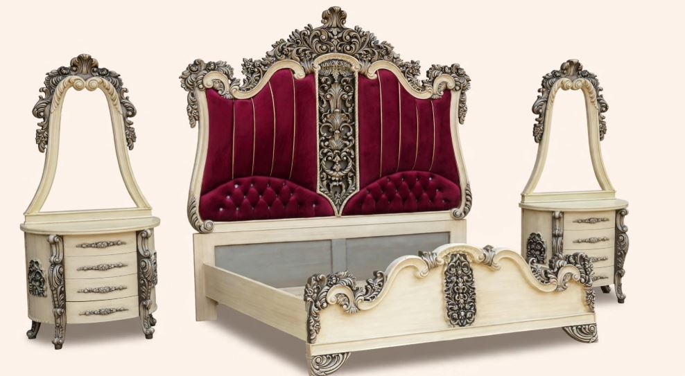 Red Velvet  Golden Piping Tall Crown With Heavy Antique Bed Set With 2 Side Tables