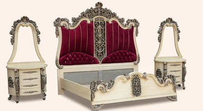 Red Velvet  Golden Piping Tall Crown With Heavy Antique Bed Set With 2 Side Tables