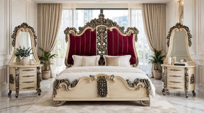 Red Velvet  Golden Piping Tall Crown With Heavy Antique Bed Set With 2 Side Tables