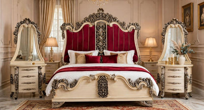 Red Velvet  Golden Piping Tall Crown With Heavy Antique Bed Set With 2 Side Tables