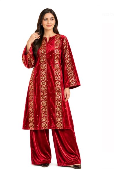 Deep Red Embroidered Velvet Breeze With Gold Paisley Floral Panels  Unstitched 2 pc Suit