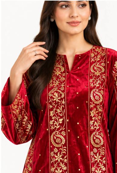 Deep Red Embroidered Velvet Breeze With Gold Paisley Floral Panels  Unstitched 2 pc Suit