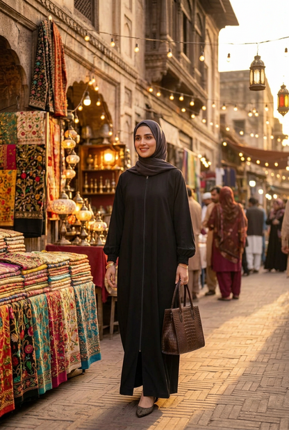 Black - Zipper with Collar Abaya