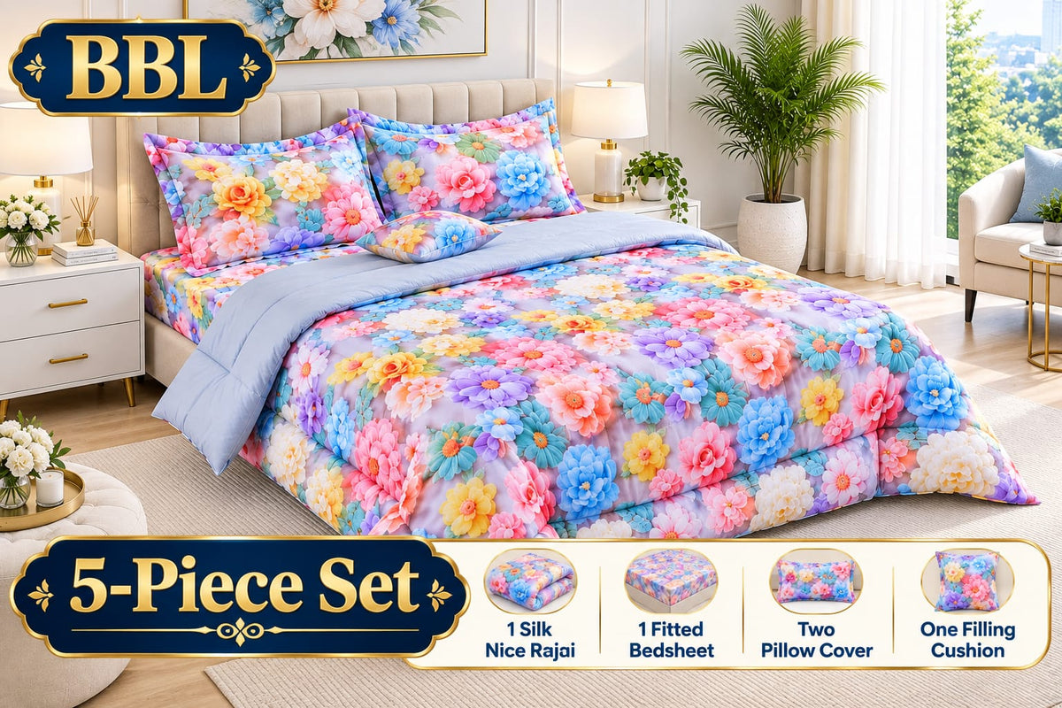BBL 5 pcs Bed sheet 2 pillow cover 1 silk Razai 1 bed sheet 1 cushion Printed