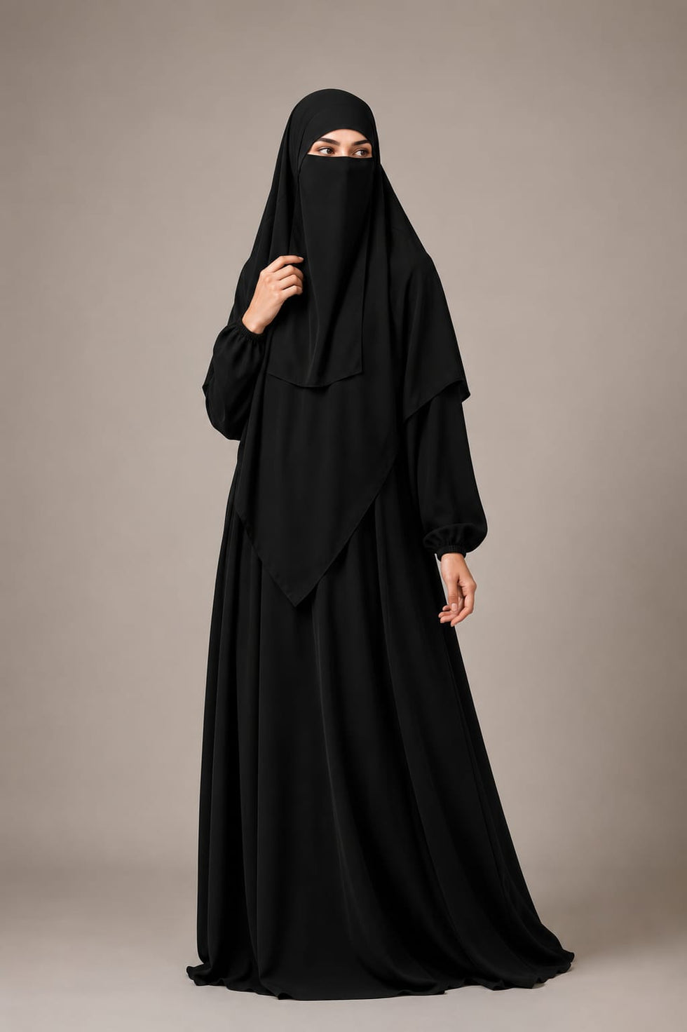 3 Piece Abaya Set (Abaya Khimar Niqab) - Black