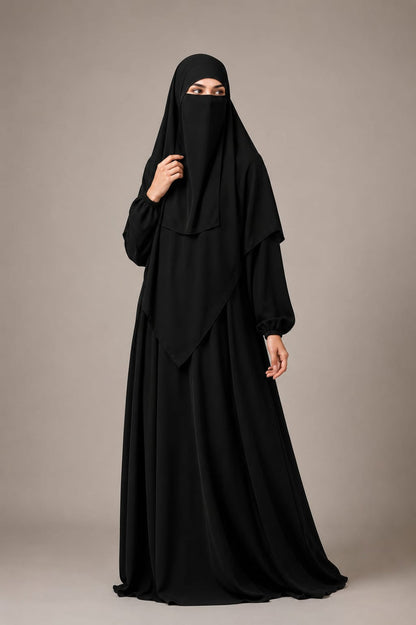 3 Piece Abaya Set (Abaya Khimar Niqab) - Black