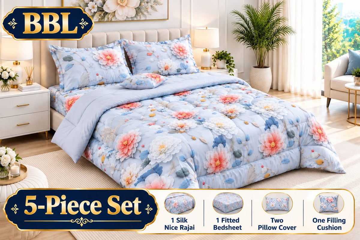 BBL 5 pcs Bed sheet 2 pillow cover 1 silk Razai 1 bed sheet 1 cushion Printed