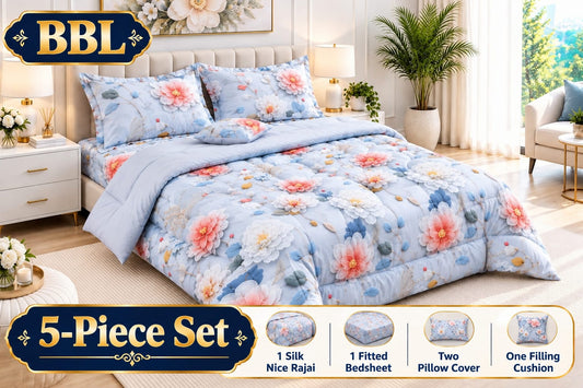 BBL 5 pcs Bed sheet 2 pillow cover 1 silk Razai 1 bed sheet 1 cushion Printed