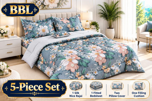 BBL 5 pcs Bed sheet 2 pillow cover 1 silk Razai 1 bed sheet 1 cushion Printed